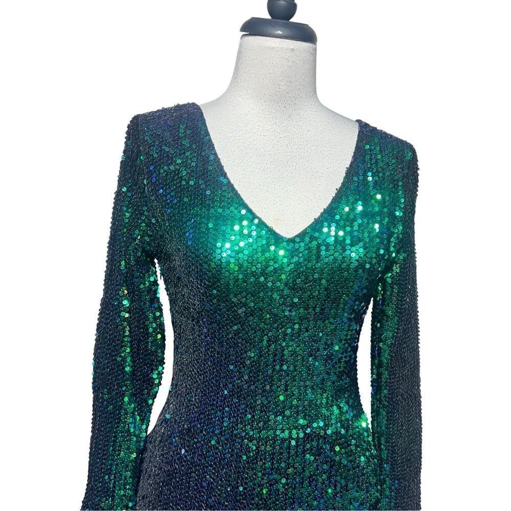 Long Sleeve Emerald Sequin Mini Dress Party Bodycon Dress Small - Picture 2 of 4